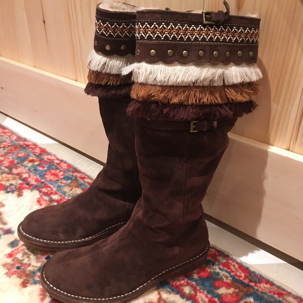 Tall Chocolate Brown Fringe Uggs with Side Zip